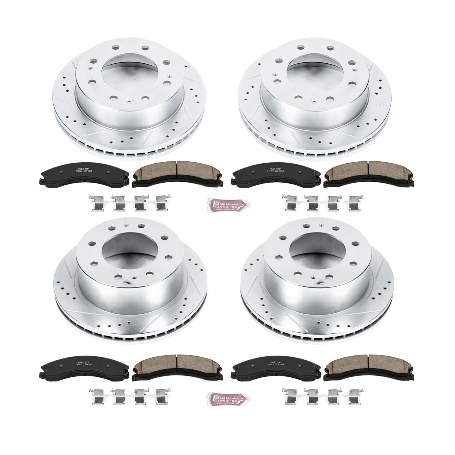 Power Stop K6992 Z23 Carbon Fiber Brake Pads Front and Rear with Drilled and Slotted Brake Rotors Kit For 2015 2016 Silverado Sierra 2500