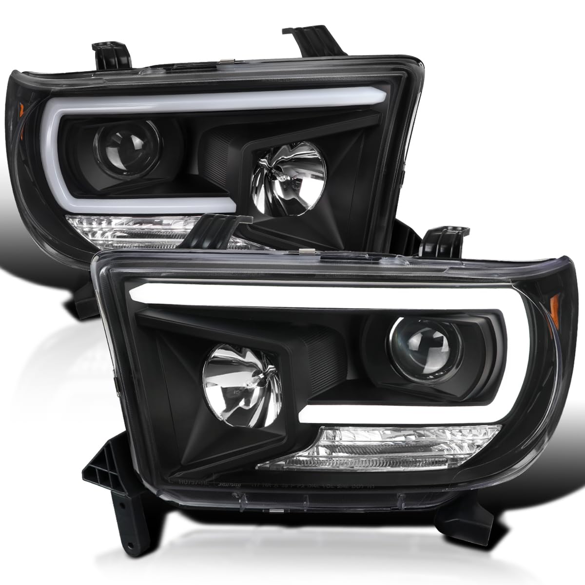 Black Projector Headlights w/LED Light Bar SPEC-D TUNING Compatible with 2007-2013 Toyota Tundra, 2008-2017 Toyota Sequoia, Left + Right Pair Headlamps Assembly
