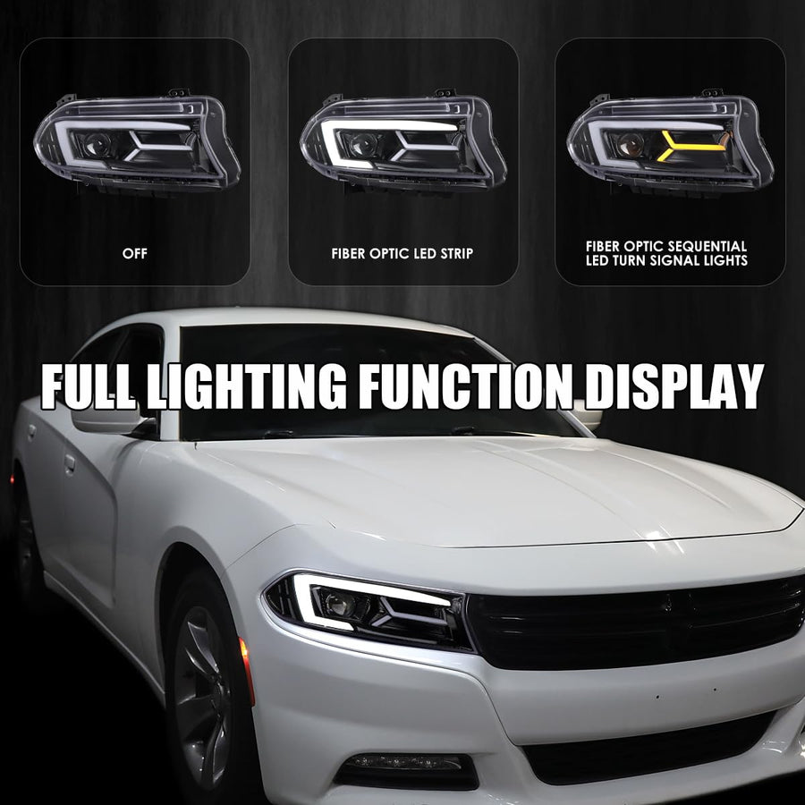 Jet Black LED Projector Headlights SPEC-D TUNING w/Sequential Turn Signal Compatible with 2015-2023 Dodge Charger with factory halogen headlights