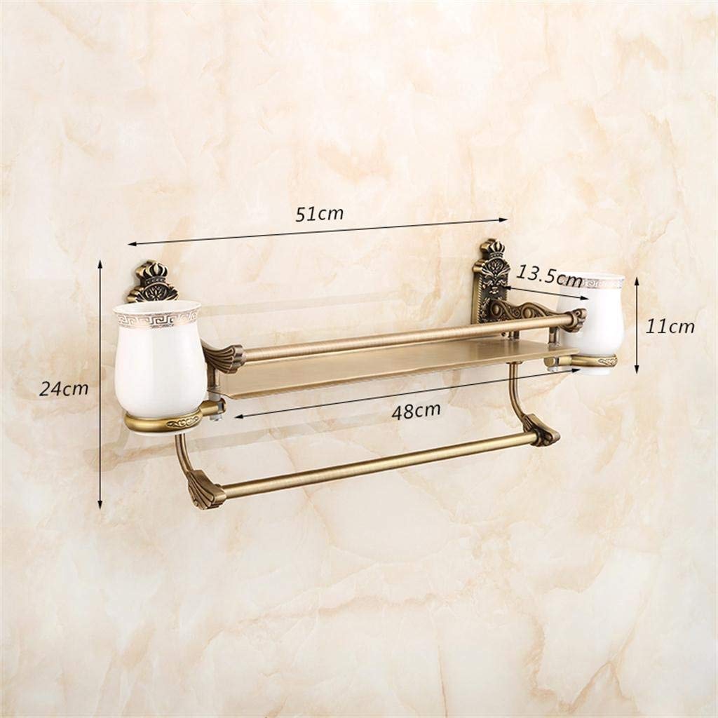 Multipurpose Antique Bathroom Shelf With Towel Bar And Toothbrush Holder, Brass, Brushed Craft, 51 * 24cm Bathroom Shelf