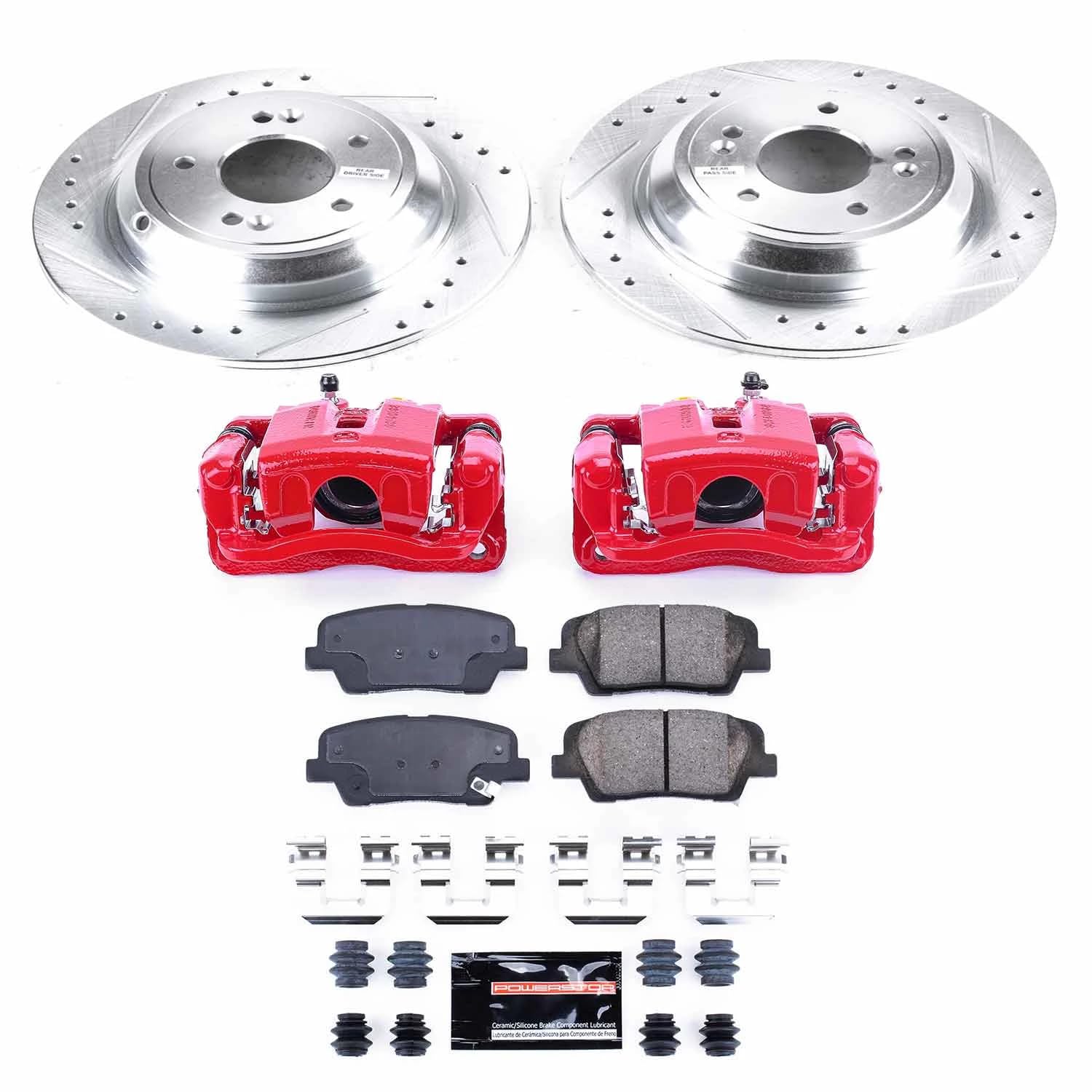 Power Stop Z23 KC5847 Evolution Sport Rear Caliper Brake Kit-Drilled/Slotted Rotors, Carbon Ceramic Brake Pads, Calipers For Hyundai Genesis 2009 [Model Specific]