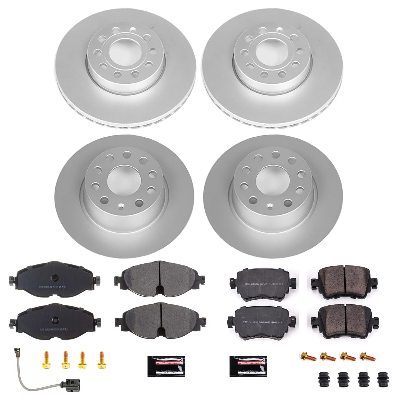 Power Stop Front and Rear CRK8363 Coated Brake Rotors and Z23 Carbon Fiber Brake Pads Kit and 1 Front Sensor Wire