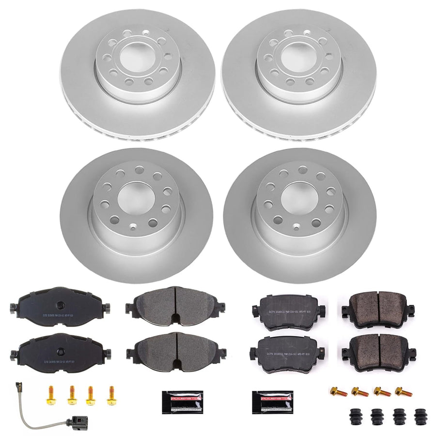 Power Stop Front and Rear CRK8363 Coated Brake Rotors and Z23 Carbon Fiber Brake Pads Kit and 1 Front Sensor Wire
