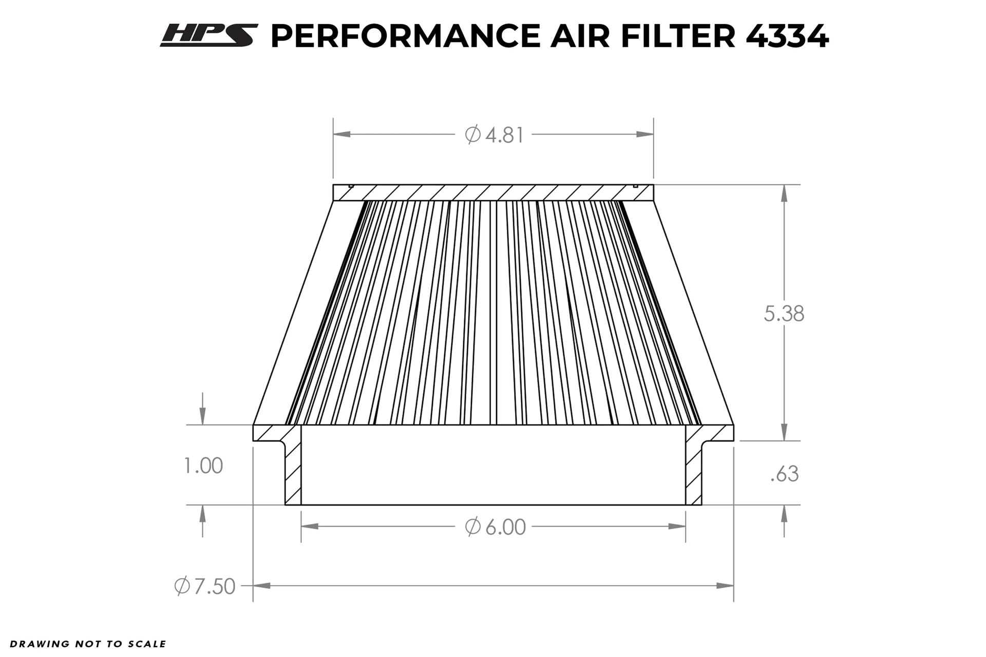 HPS 6" ID Performance Air Filter, 5.38" Element Length, 6" Overall Length, Gray, HPS-4334