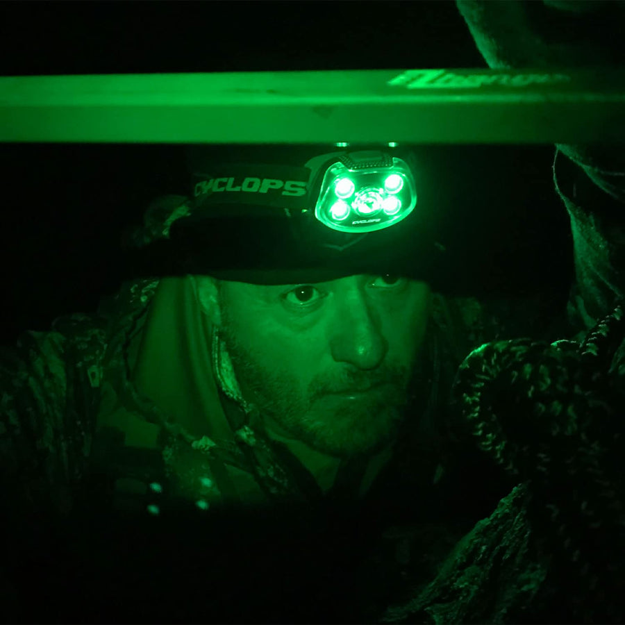 Force XP Cyclops Headlamp Tactical Durable Lightweight Compact IPX6 Water Resistant Adjustable Headband 5 Light Modes Bright 3 Color LEDs 350 Lumen Head Flashlight AAA Batteries Included