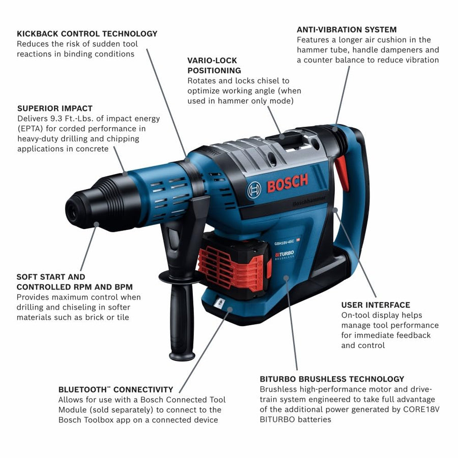 Bosch PROFACTOR™ GBH18V-45CK24 18V Connected-Ready SDS-max® 1-7/8 In. Rotary Hammer Kit with (2) CORE18V® 8 Ah High Power Batteries
