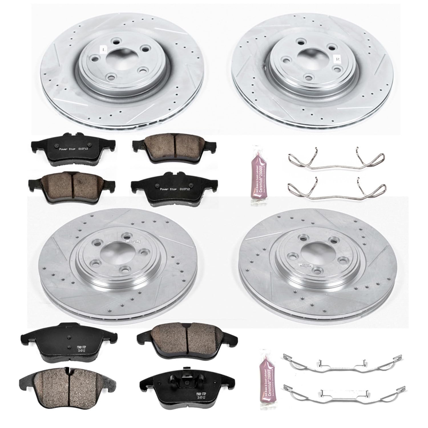 Power Stop K5637 Z23 Carbon Fiber Brake Pads Front and Rear with Drilled & Slotted Brake Rotors Kit For Jaguar S-Type, Jaguar Vanden Plas, Jaguar XF, Jaguar XJ8, Jaguar XK [Model Specific]