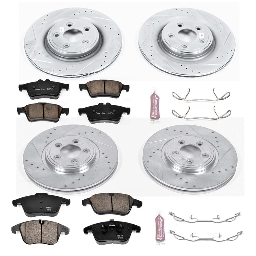 Power Stop K5637 Z23 Carbon Fiber Brake Pads Front and Rear with Drilled & Slotted Brake Rotors Kit For Jaguar S-Type, Jaguar Vanden Plas, Jaguar XF, Jaguar XJ8, Jaguar XK [Model Specific]