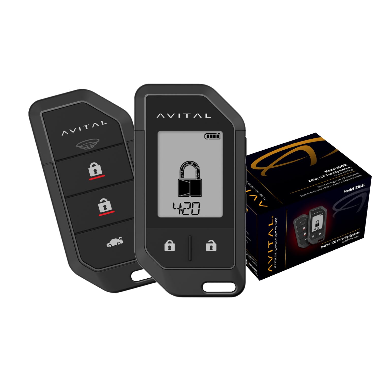 2-Way LCD Avital 3308L Vehicle Security System with 2 Remotes (Compatible with Directed by VOXX SmartStart-Pro)