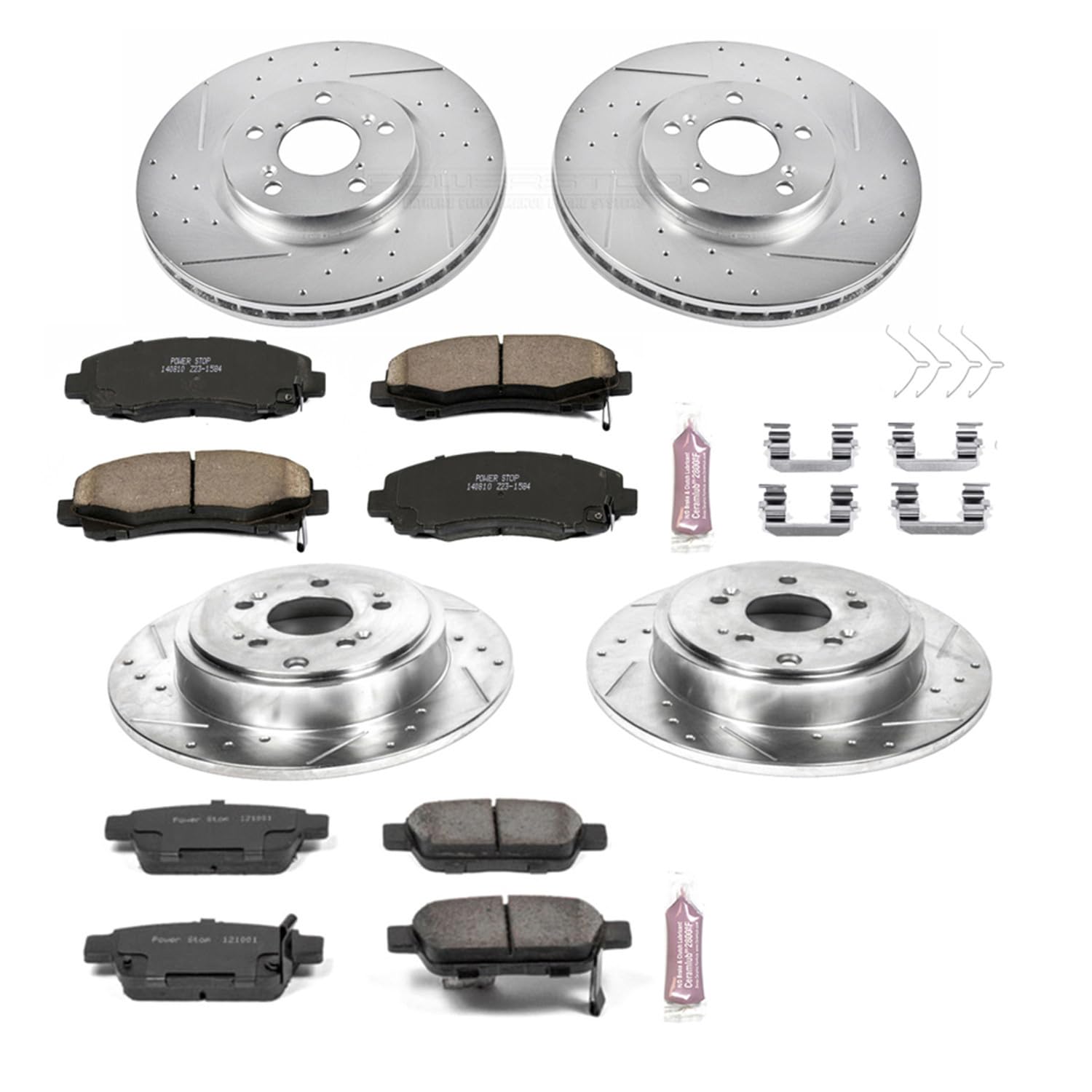 Power Stop K5940 Z23 Carbon Fiber Brake Pads Front and Rear with Drilled & Slotted Brake Rotors Kit For Honda Ridgeline 2012-2014 [Model Specific]
