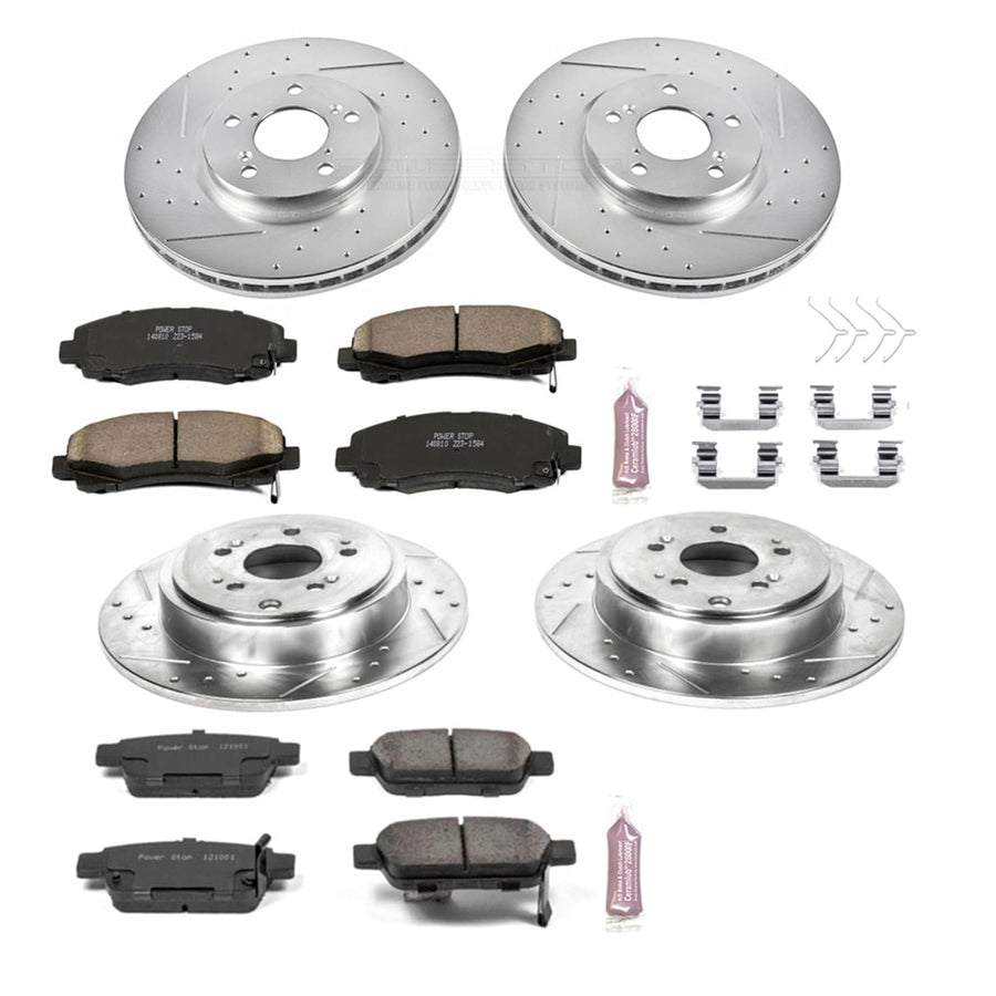 Power Stop K5940 Z23 Carbon Fiber Brake Pads Front and Rear with Drilled & Slotted Brake Rotors Kit For Honda Ridgeline 2012-2014 [Model Specific]