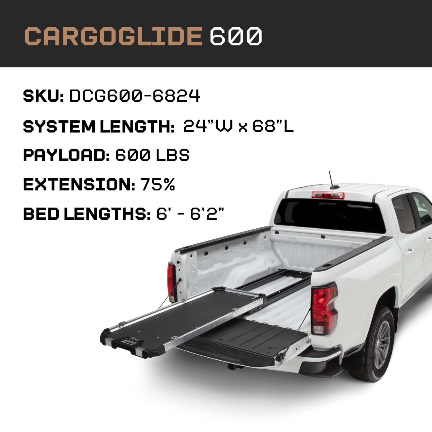Truck Bed Slide CargoGlide – 600 lb Capacity, 75% Extension – Heavy-Duty Pickup Cargo Slide for Easy Bed Access – Compatible with CargoGlide 600/75% / 24" W / 68" L