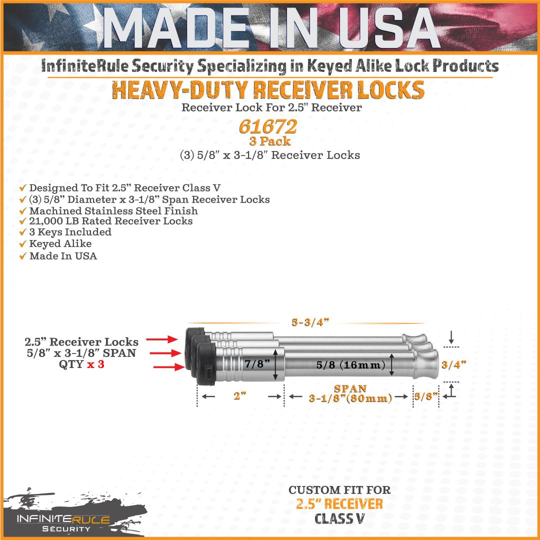 3 Pack, InfiniteRule Security 61672 | Keyed Alike, Receiver Locks for 2" and 2.5" Receiver Class III, IV, V and Gen-Y Hitch Mega Duty 10K LB & 16K LB