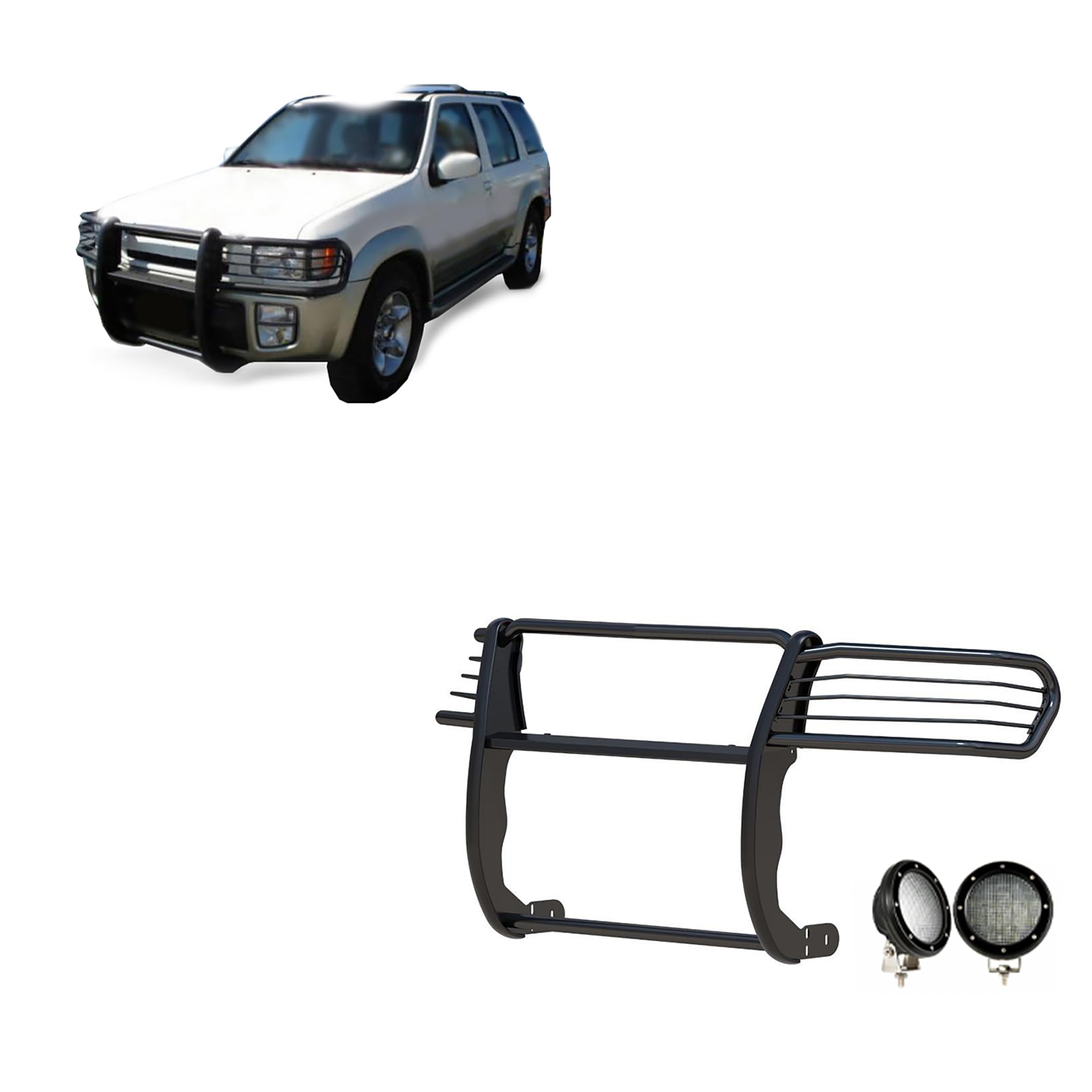 Bumper Guard Modular Black Horse Grille brush Come with Pair of 5.3" Dia.LED Lights with Black Trim Rings Compatible with 1997-2003 Infiniti QX4|1996-2004 Nissan Pathfinder-17NE23MA-PLFB