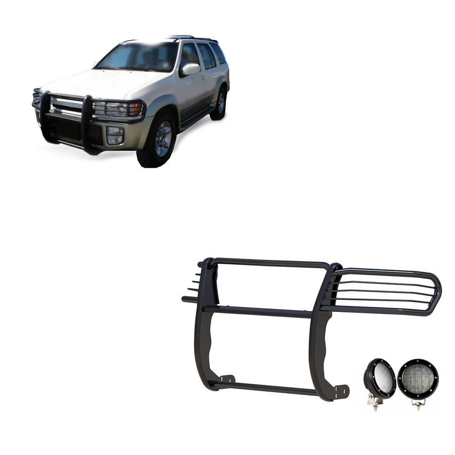 Bumper Guard Modular Black Horse Grille brush Come with Pair of 5.3" Dia.LED Lights with Black Trim Rings Compatible with 1997-2003 Infiniti QX4|1996-2004 Nissan Pathfinder-17NE23MA-PLFB