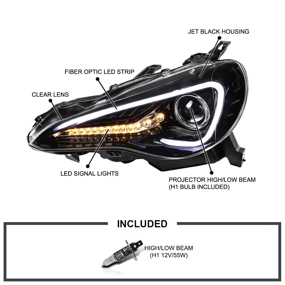 Jet Black SPEC-D TUNING Projector Headlights w/LED Signal Bar Compatible with 2013-16 Scion FR-S with Factory Halogen Headlight Models