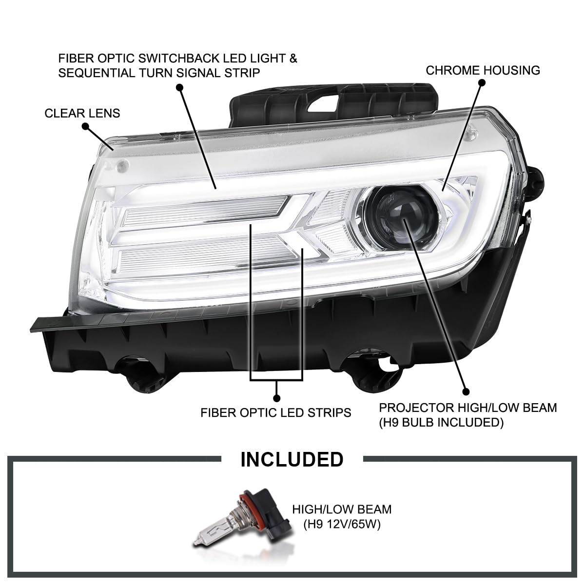 Chrome Projector Headlights SPEC-D TUNING w/Switchback and Sequential Turn Signals Compatible with 2014-2015 Chevy Camaro, Left + Right Pair Headlamps Assembly