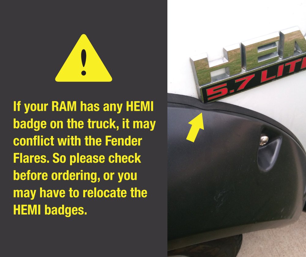 Tyger Auto Fender Flare Compatible with 2009-2018 Ram 1500 Dodge; 2019-2024 Classic (Not fit R/T Rebel Warlock), Smooth Textured Black Paintable Bolt-Riveted Style 4pc | TG-FF8D4148