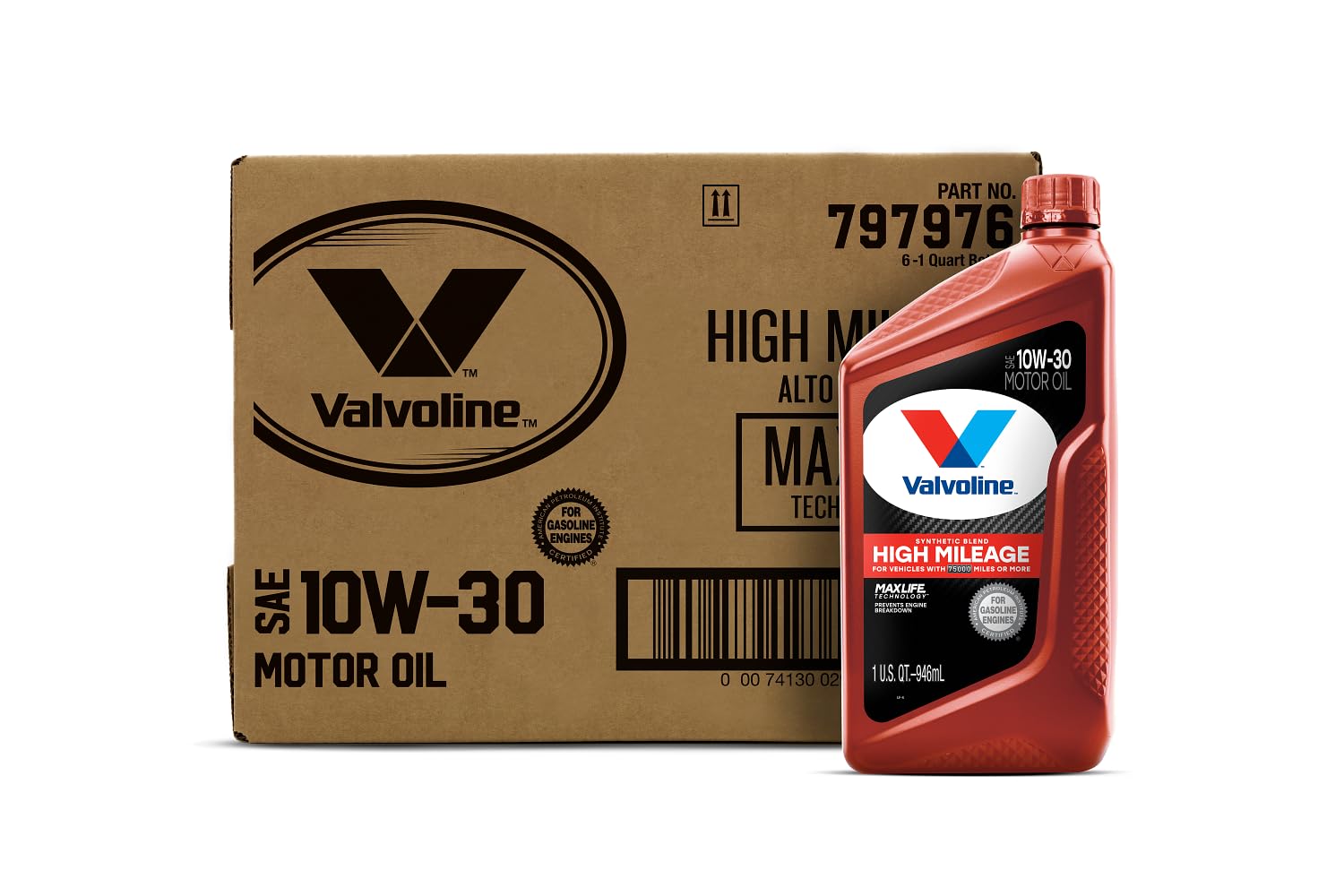 High Mileage Valvoline with MaxLife Technology 10W-30 Synthetic Blend Motor Oil 1 Quart (Pack of 6)