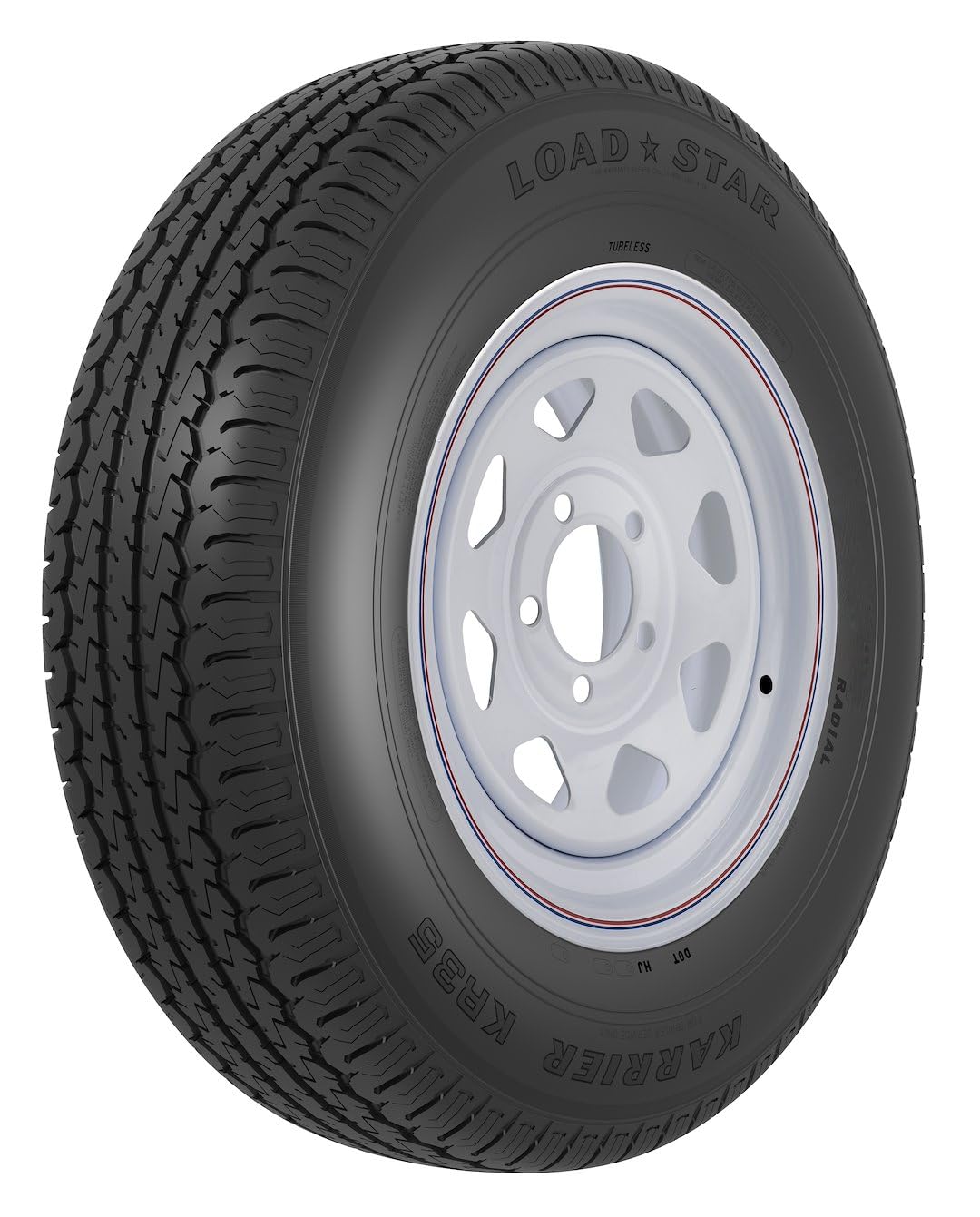ST235/80R16 E/8H SPK White AMERICANA KR35 K, 16 Inch Diameter x 6 Inch Width; 8 x 165.1 Millimeter/ 8 x 6.50 Inch Bolt Pattern; 8 Spoke; 2 Piece Welded Steel Construction; White With Stripes; ST235 x 80R16; 1 Year Worry-Free Warra