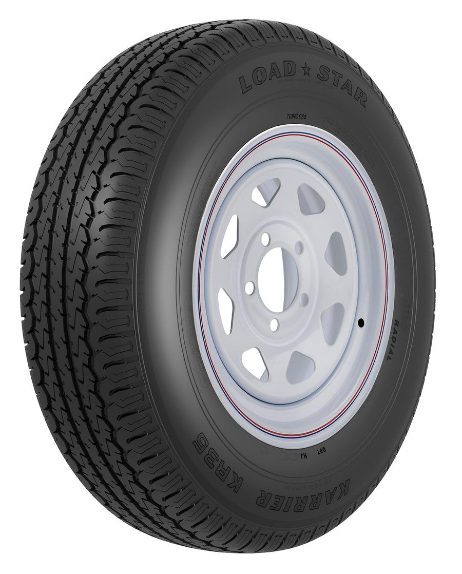 ST235/80R16 E/8H SPK White AMERICANA KR35 K, 16 Inch Diameter x 6 Inch Width; 8 x 165.1 Millimeter/ 8 x 6.50 Inch Bolt Pattern; 8 Spoke; 2 Piece Welded Steel Construction; White With Stripes; ST235 x 80R16; 1 Year Worry-Free Warra