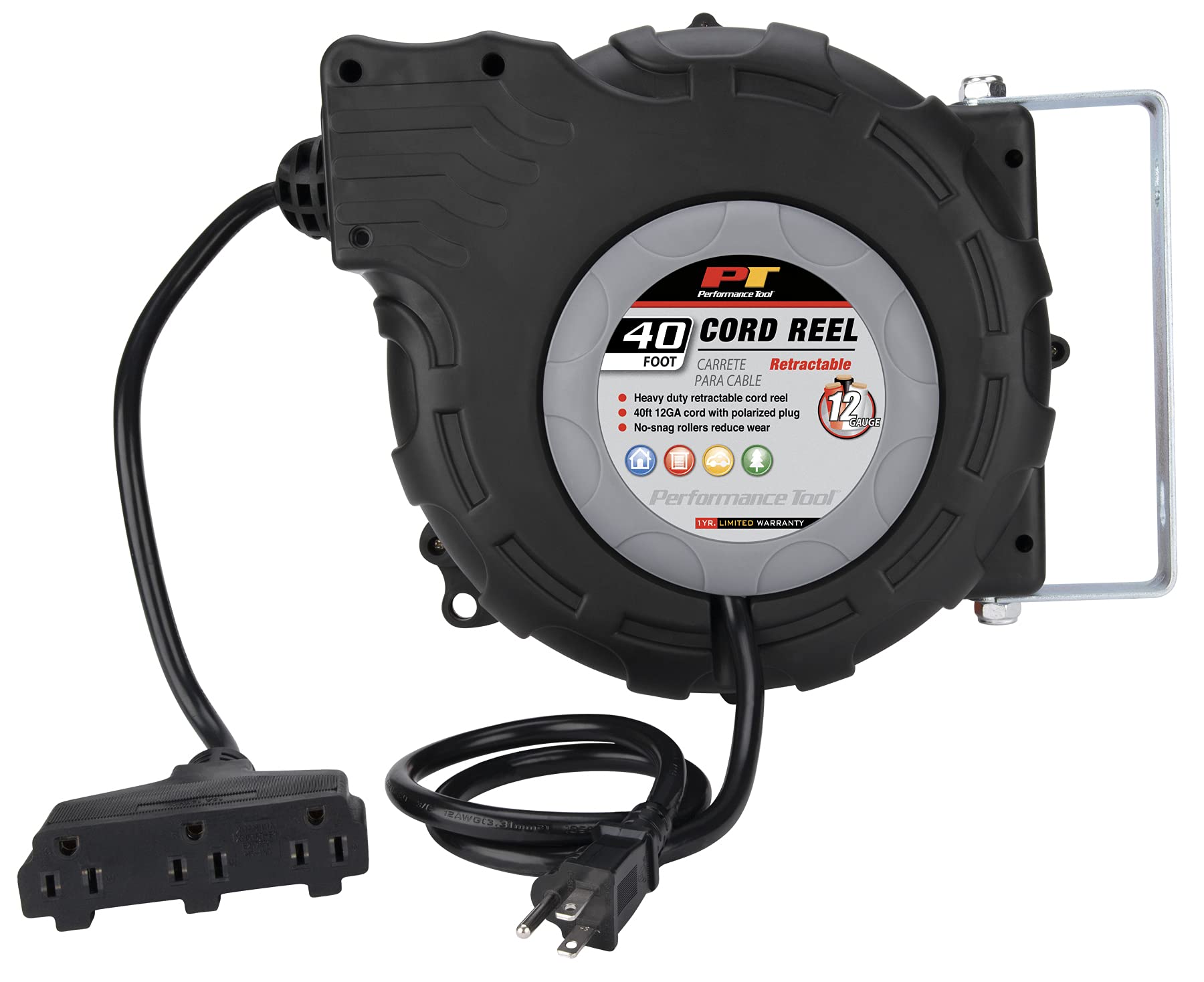 40ft Performance Tool W2278 12-Gauge Retractable Power Cord Reel with Spring Loaded Auto-Rewind