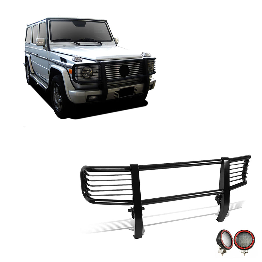 Bumper Guard Modular Black Black Horse Grille brush Come With Pair of 5.3"Dia.LED Lights with Red Trim Rings Compatible with 2003-2010 Mercedes-Benz G55 AMG|1999-2010 Mercedes-Benz G500-PGBZA008A-PLFR
