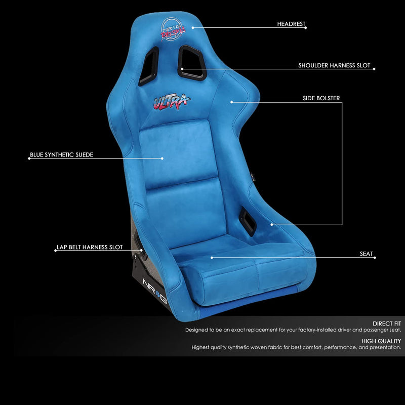 NRG Innovations Universal NRG-FRP-302BL-ULTRA Fixed Back Bucket Racing Seat for 6-Point Harnesses, Size L, Blue Seat Cover, 24" W X 36" H X 18" D