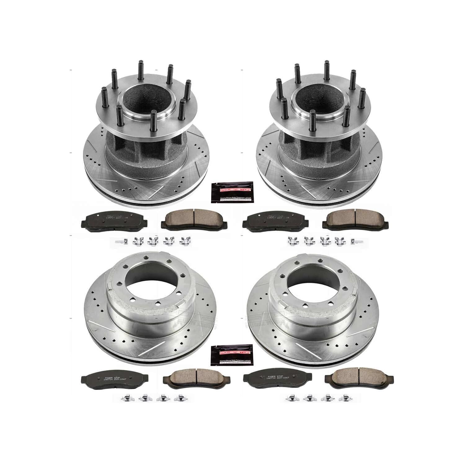 Power Stop K4032 Z23 Carbon Fiber Brake Pads Front and Rear with Drilled & Slotted Brake Rotors Kit For Ford F-350 Super Duty 2007-2010 [Model Specific]