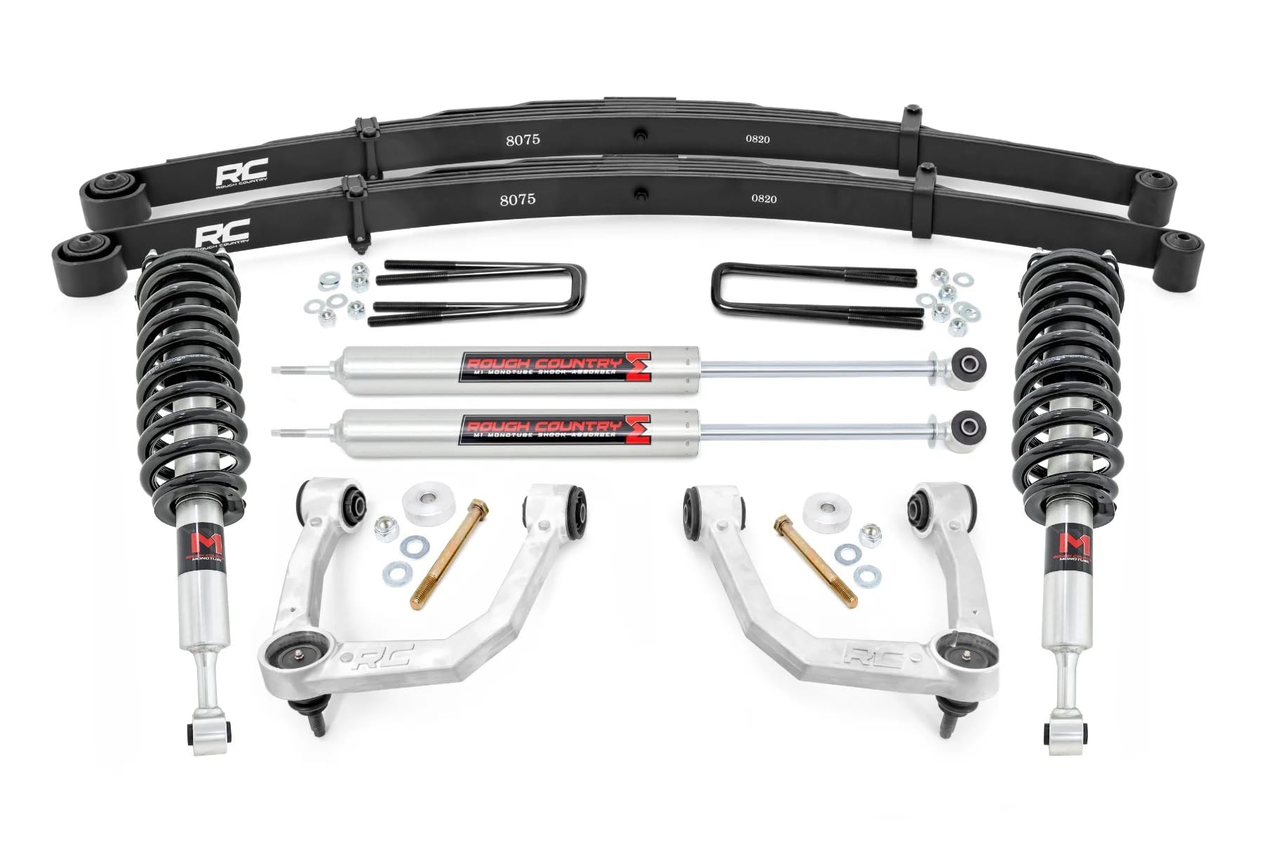 3.5" Rough Country Bolt-On Lift Kit with M1 Struts/M1 Rear Shocks for Toyota Tacoma 4WD (2005-2023) - Lifted Leaf Springs, Silver Control Arms