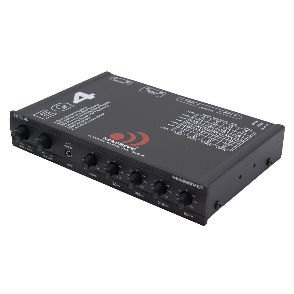 EQ4 Massive Audio | 4-Band Car Audio Equalizer - in-Dash Equalizer with Subwoofer Control, 8V Line Driver & Adjustable Fader for Premium Sound Tuning