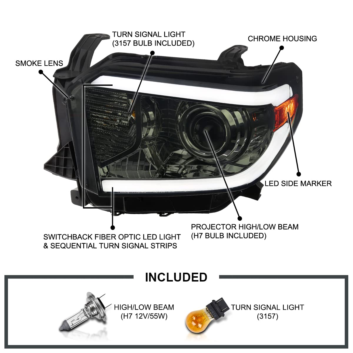 Smoke SPEC-D TUNING Projector Headlights w/Switchback Sequential LED Turn Signal Compatible with 2014-2021 Toyota Tundra, Left + Right Pair Headlamp Assembly