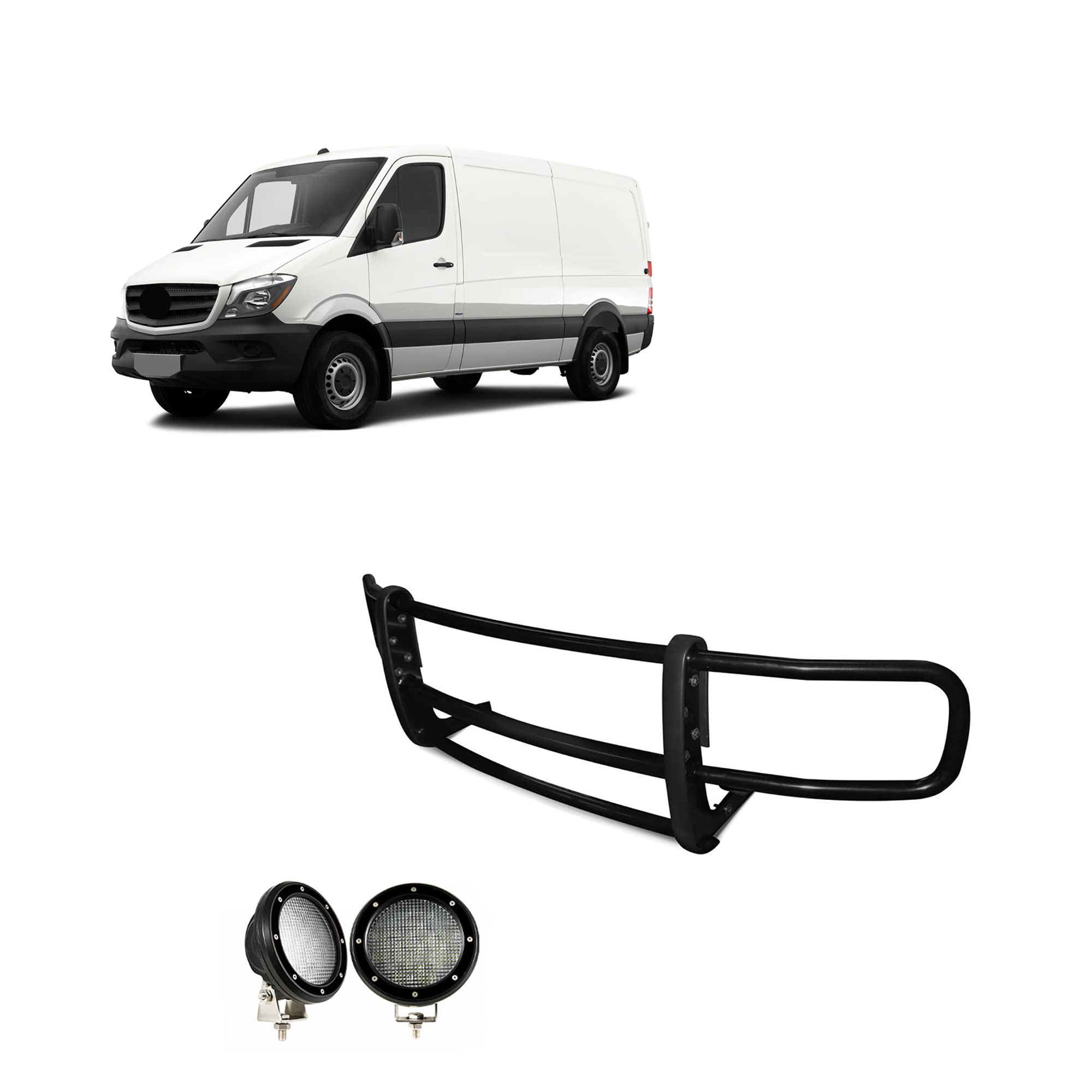 Spartan Grille Guard Black W/Pair of 5.3" LED Lights Black Compatible with 07-09 Dodge-Freightliner Sprinter 2500/3500|19-24-Benz Sprinter 1500/4500|10-24-Benz Sprinter 2500/3500-17D501MA-PLFB