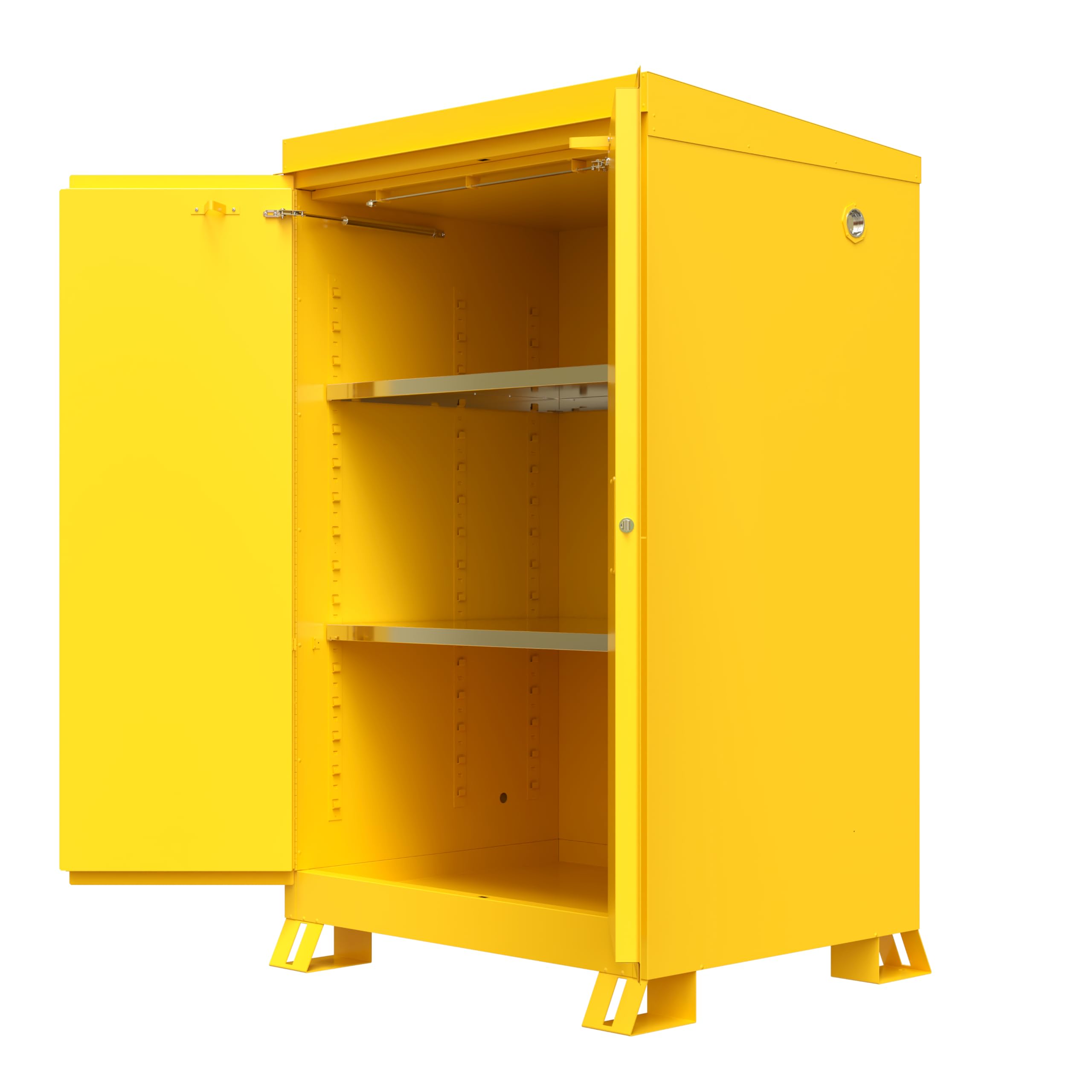 Justrite Outdoor Reinforced Steel Flammable Liquid Storage Cabinet, 2 Shelves with 350 lb. Capacity, 2 Self-Close Door Fire Cabinet, 90 Gallon, 72" x 43" x 38", Yellow, 819020