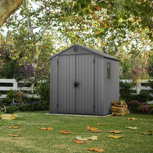 Keter 6 x 6 Foot Darwin Spacious Heavy Duty Outdoor Storage Shed for Organizing Garden Accessories and Tools with Double Doors and High Ceiling, Gray