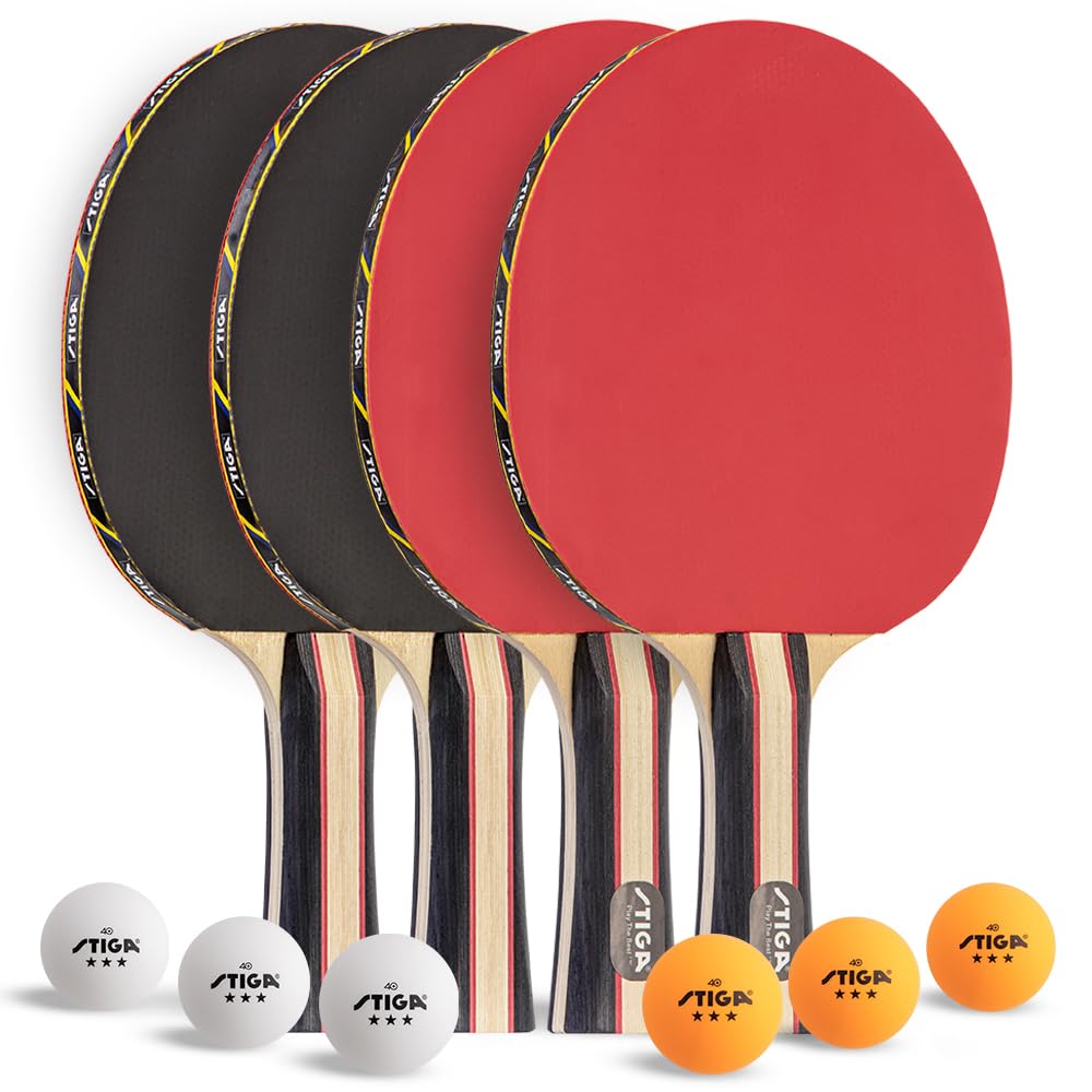 4 Player STIGA Performance Ping Pong Paddle Set of 4 – Table Tennis Rackets, 6 – 3 Star Orange and White Balls
