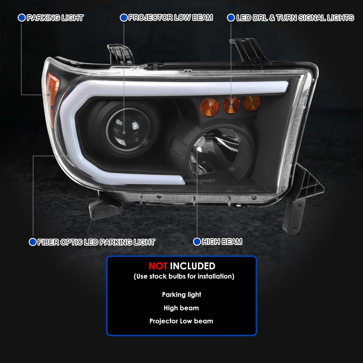 Black Projector Headlights w/LED Tube SPEC-D TUNING Compatible with 2007-2013 Toyota Tundra, Left + Right Pair Headlamp Assembly
