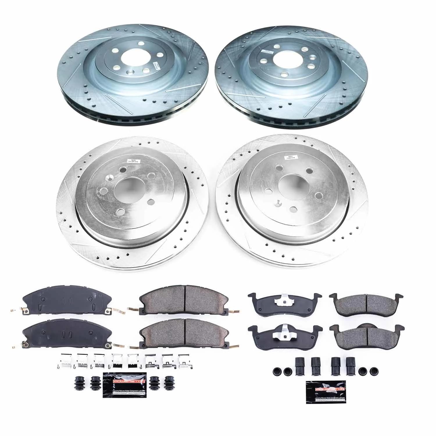 Power Stop K6804 Z23 Carbon Fiber Brake Pads Front and Rear with Drilled & Slotted Brake Rotors Kit For Lincoln MKT 2013-2019 [Model Specific]