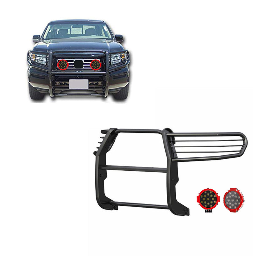 Grille Brush Black Horse Bumper Guard Modular Come with Pair of 7.0" Dia.LED Lights with Red Trim Rings Compatible with 2006-2014 Honda Ridgeline-17A152500A1MA-PLR