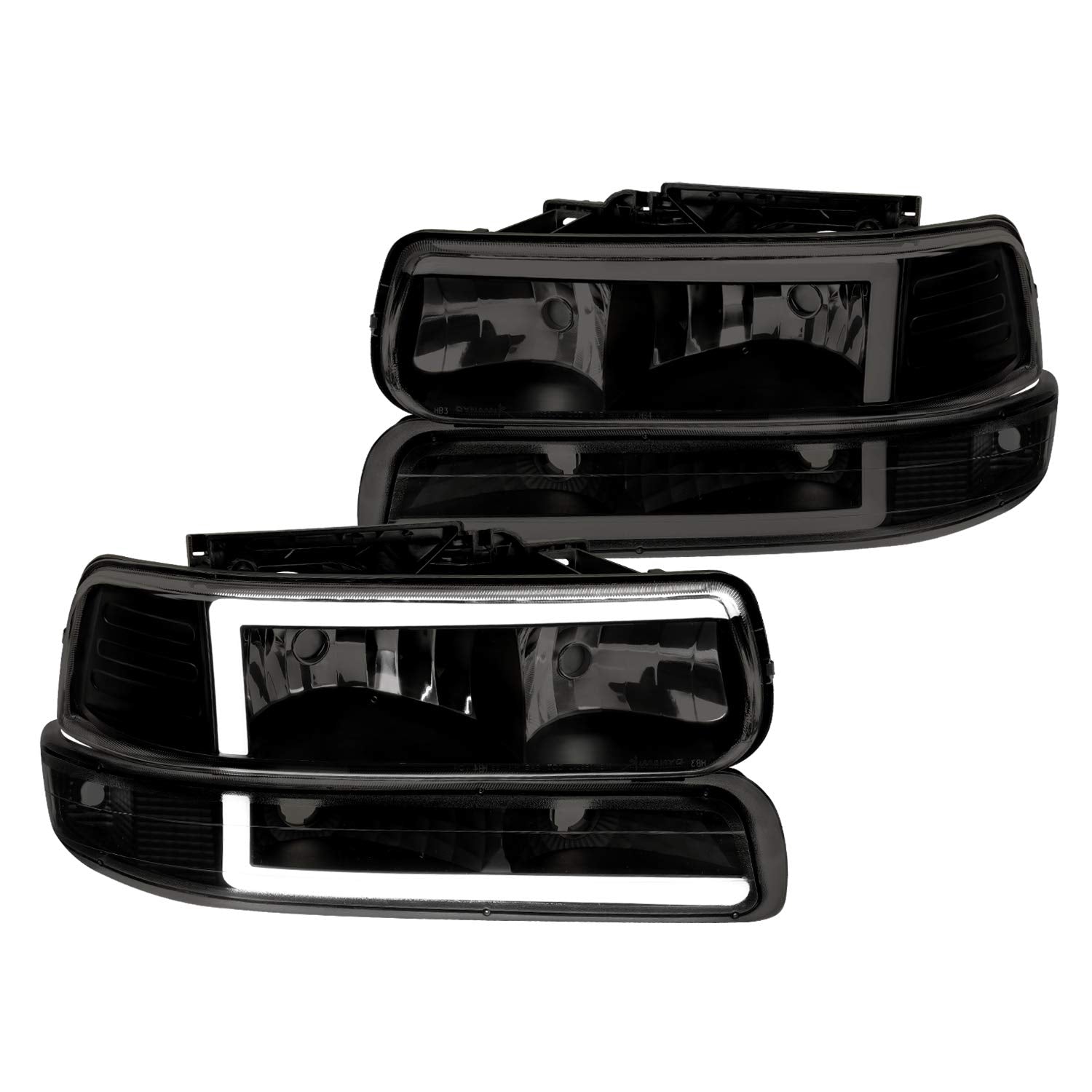 LED Bar Spec-D Tuning Black Housing Smoke Lens Headlights + Bumper Lights 4PC Clear Reflector Compatible with Chevy Silverado 1999-2002, 00-06 Tahoe Suburban, L+R Pair Assembly