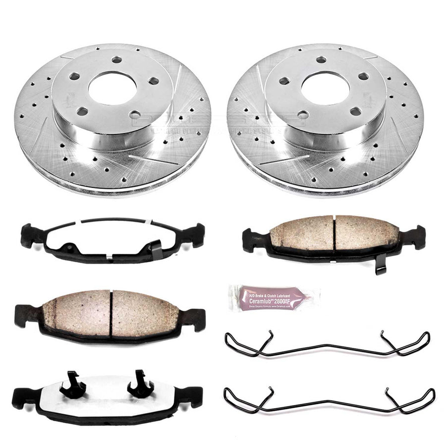 Front Brake Kit Power Stop For 1999 2000 2001 2002 Jeep Grand Cherokee - Truck & Tow Carbon Fiber Ceramic Brake Pads & Drilled and Slotted Rotors Replacement, K2147-36
