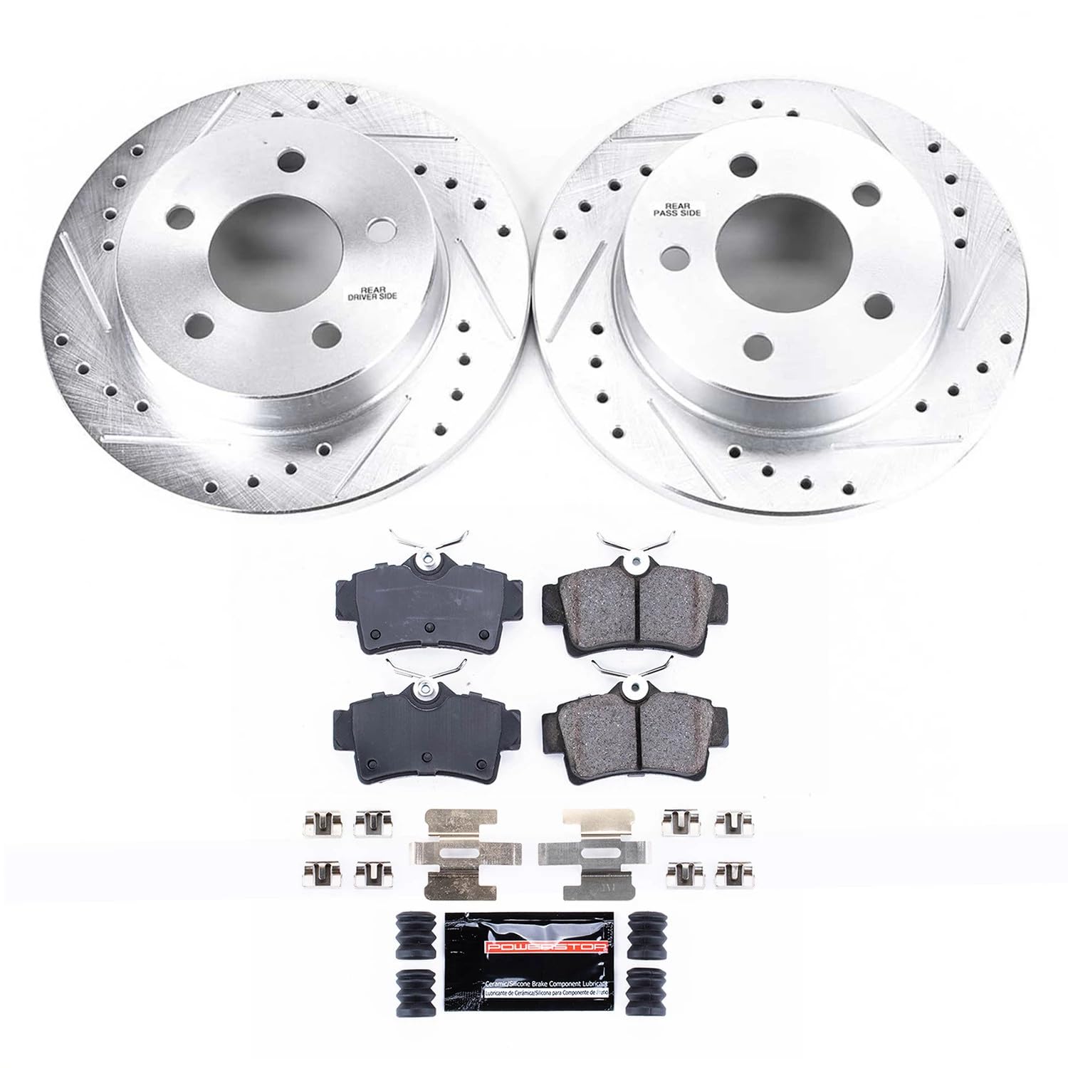 Rear Power Stop K1303 Z23 Carbon Fiber Brake Pads with Drilled & Slotted Brake Rotors Kit For Ford Mustang 1994-2004 [Model Specific]