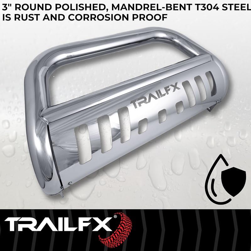 Bull Bar TrailFX B0028S Fits Ford F-150 2004-2026 Tubular 3" Polished Stainless Steel with Skid Plate, Holes for Optional Lighting