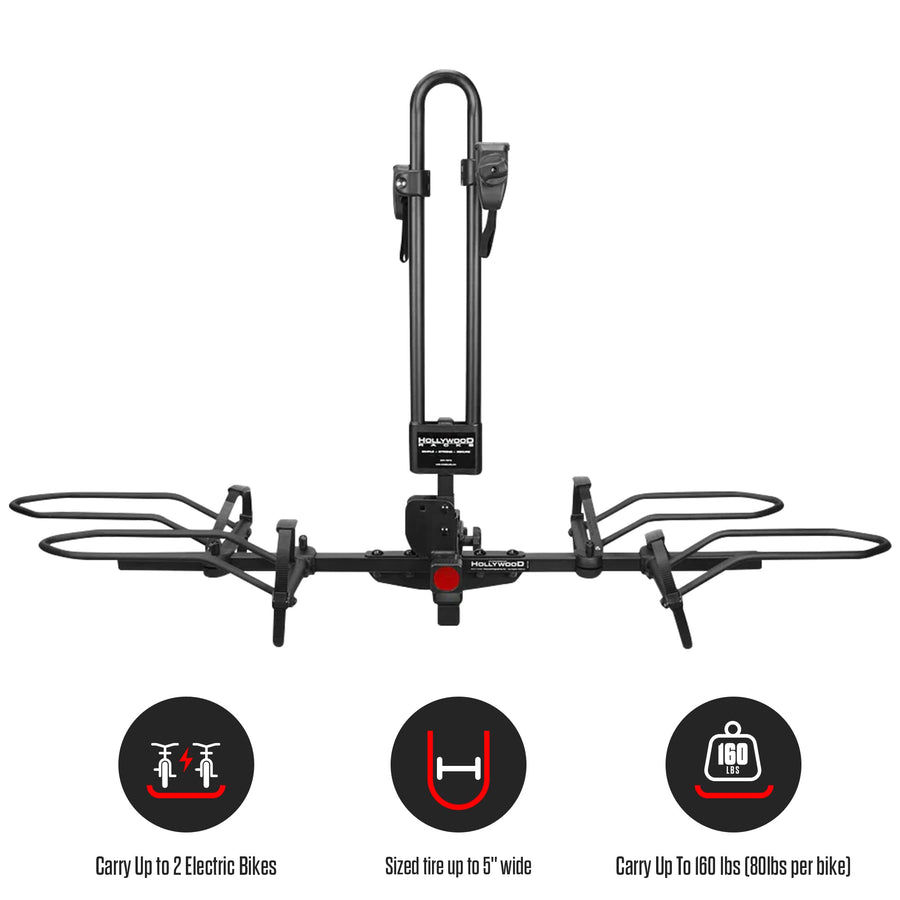 RV Rider Hollywood Hitch Bike Rack for 2 E-Bikes up to 80 lbs Each - Premium Electric Bike Rack for RV, Fifth Wheel, Flat Towed Vehicle - Durable for Standard and Fat Tire Bikes