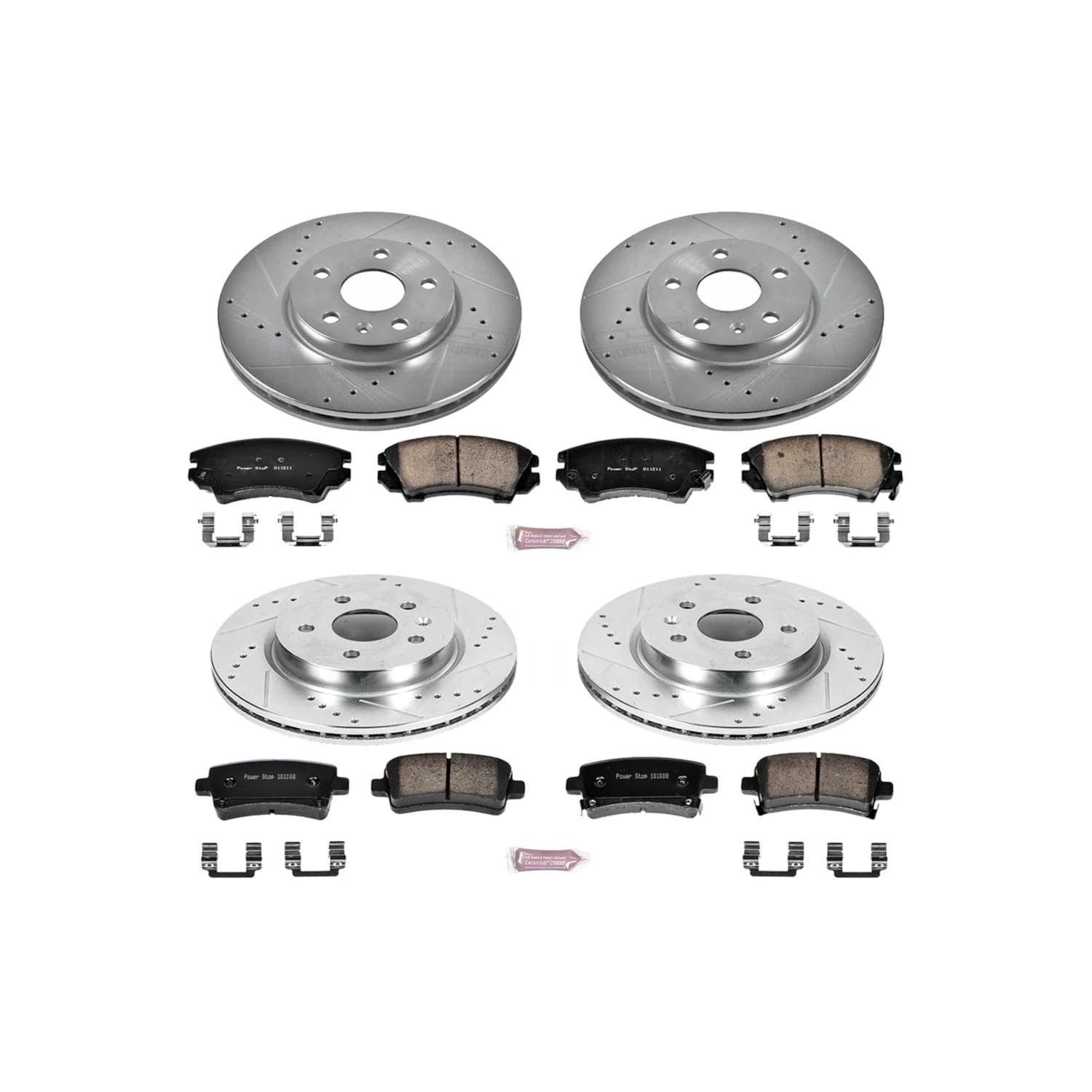 Power Stop K6330 Z23 Carbon Fiber Brake Pads Front and Rear with Drilled & Slotted Brake Rotors Kit For Saab 9-5 2010-2011 [Model Specific]