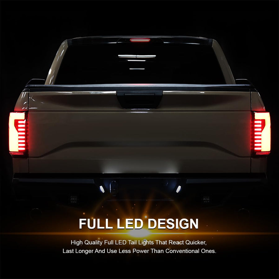 Black Smoke SPEC-D TUNING Lightning Style LED Tail Lights w/Red LED Sequential Turn Signal and Startup Animation Compatible with 2015-2017 Ford F150, Left + Right Pair Assembly