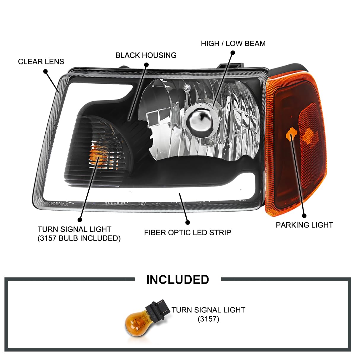 Black LED Tube Headlights SPEC-D TUNING Compatible with 2001-2011 Ford Ranger, Left + Right Pair Headlamps Assembly