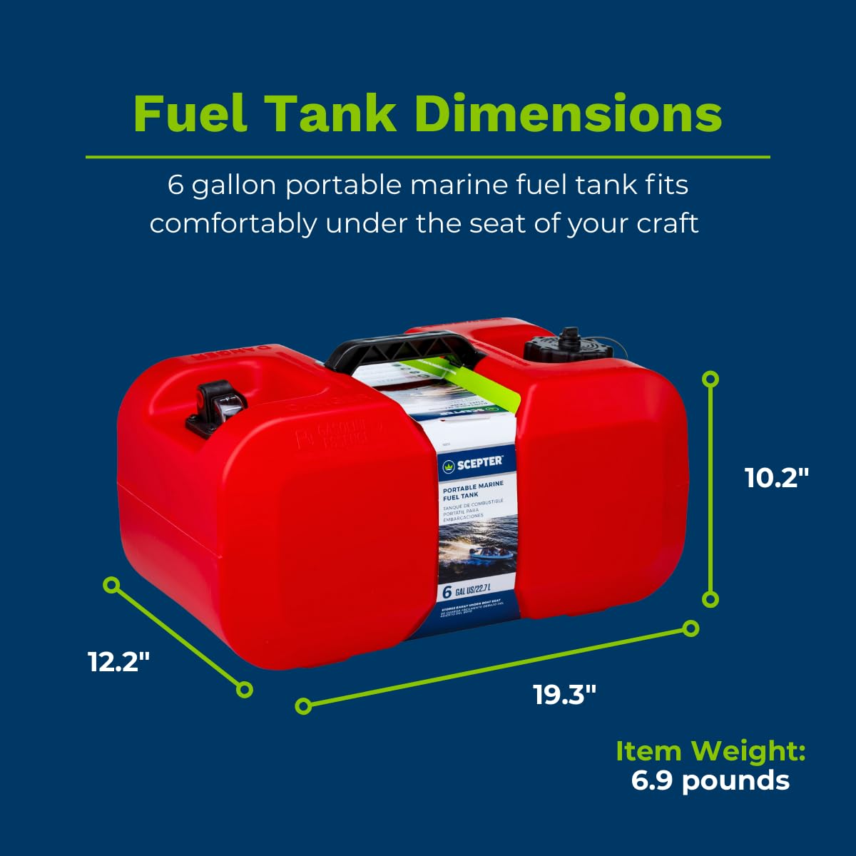6 Gallon Scepter Portable Marine Gas Can, Boat Fuel Tank with 2-Way Vented Cap, Built-In Fuel Gauge and Pick-Up, Top Handle, EPA & CARB Compliant, Underseat Design, 19.3"L x 12.2"W x 10.2"H (10511)
