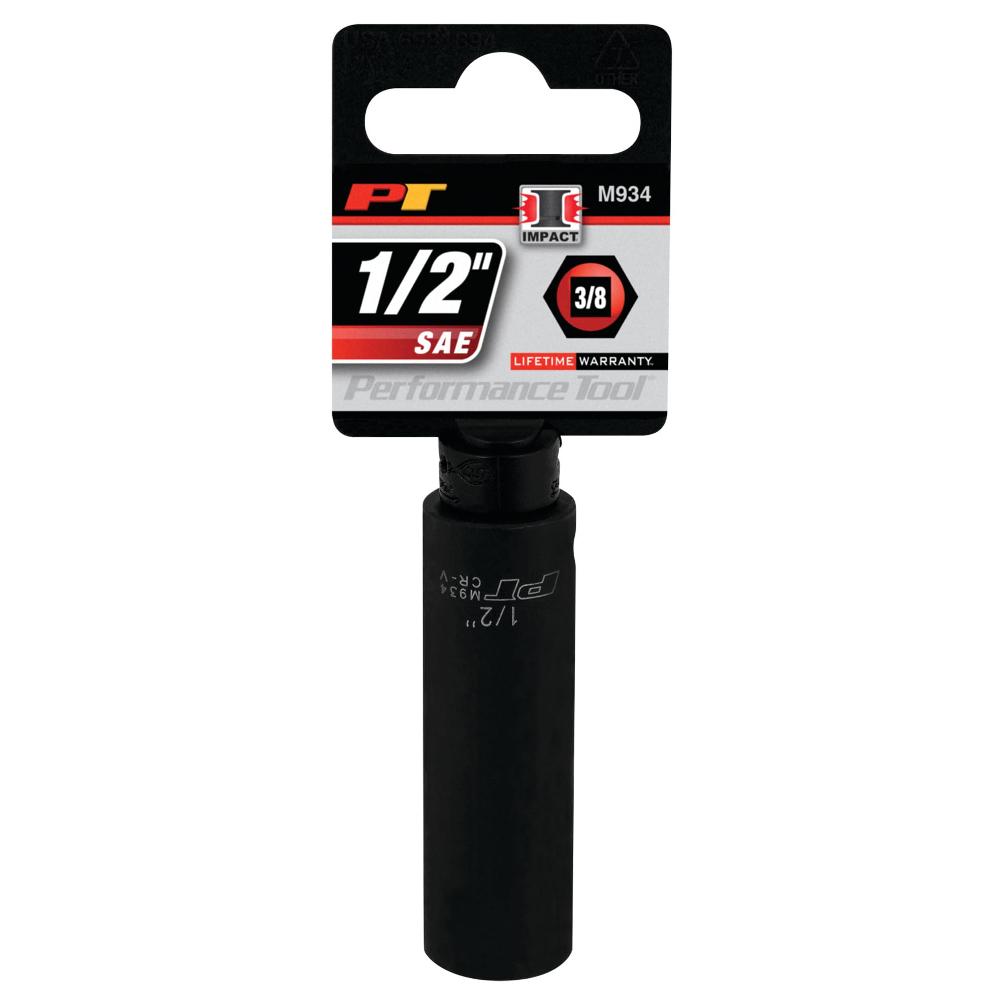 M934 Performance Tool 3/8 Inch Drive 1/2 Inch 6 Point Deep Impact Socket Heavy Duty Chrome Vanadium Steel for Automotive Repair Maintenance Garage and Professional Workshop Use