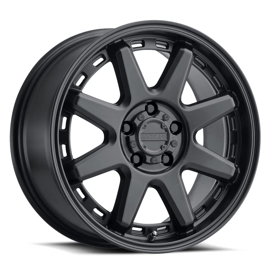 Raceline 947B SCOUT Wheels Satin Black 18X8"5X114.3 Bolt Pattern +35mm Offset/(5.88"B/S) 8 Spoke Aluminum Passenger Car Rims, Full Size Replacement Black Car
